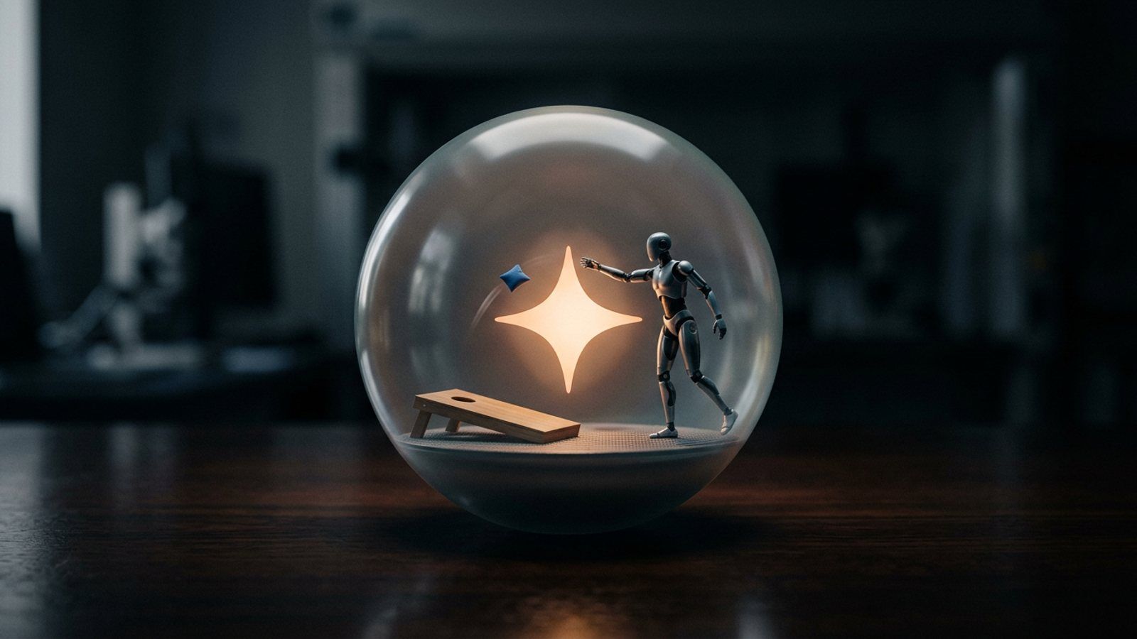 A miniature digital twin of a humanoid robot playing cornhole inside a glass sphere with the Gemini 4 Argon logo.