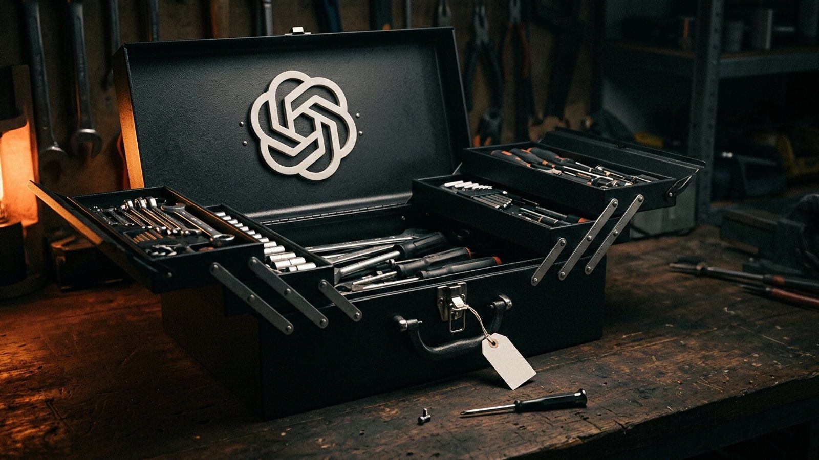 An open black toolbox with the OpenAI knot on its lid and a blank price tag on the handle, with one tiny screw and a small screwdriver on the workbench in front of it.