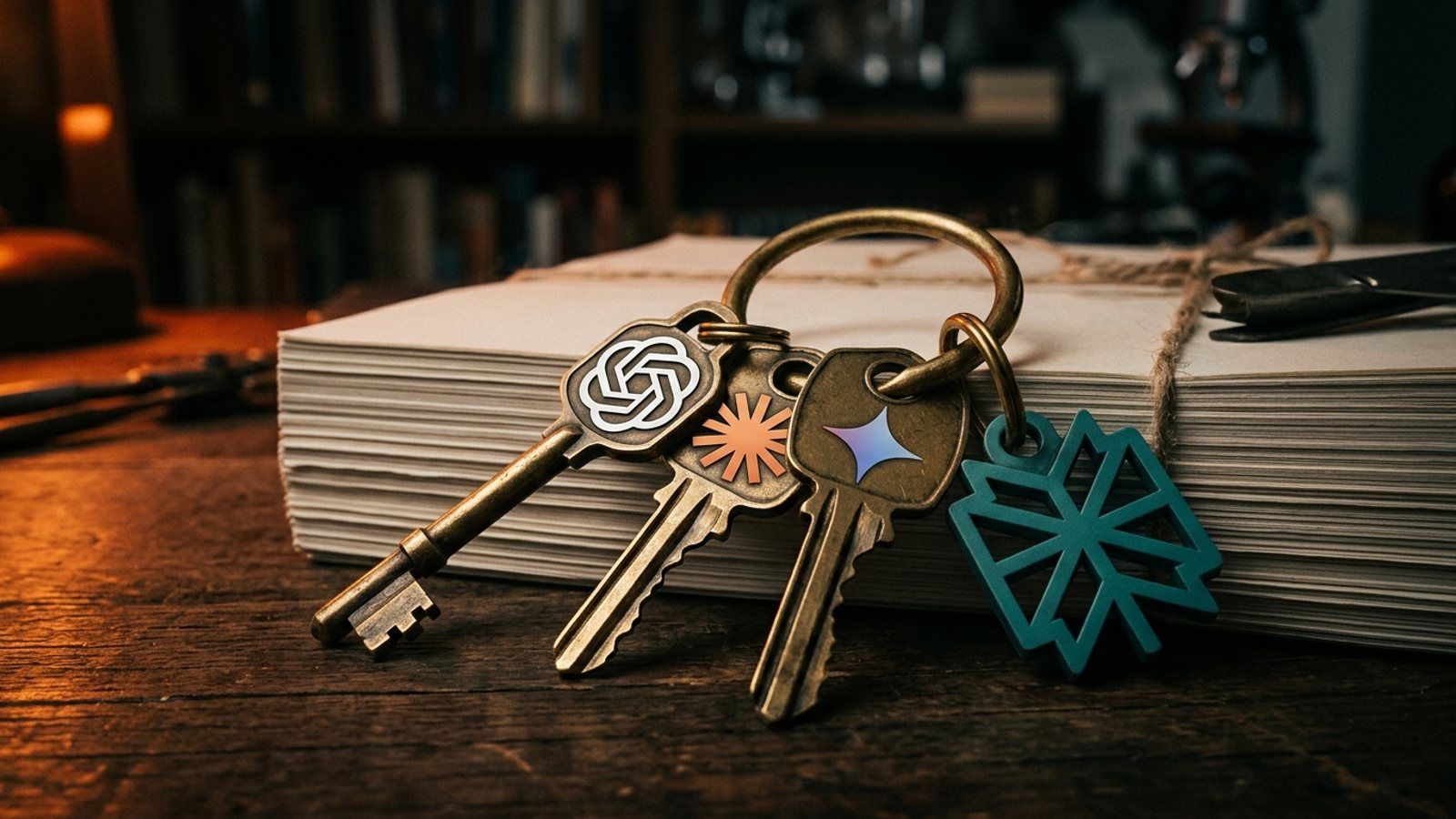 A brass keyring resting on a stack of papers, holding keys topped with the OpenAI, Claude and Gemini marks and a teal Perplexity fob.