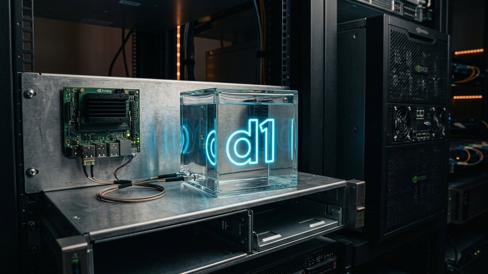 A cinematic visualization of the Liquid AI d1 decision model as a glowing blue glass cube integrated with NVIDIA server and edge hardware.