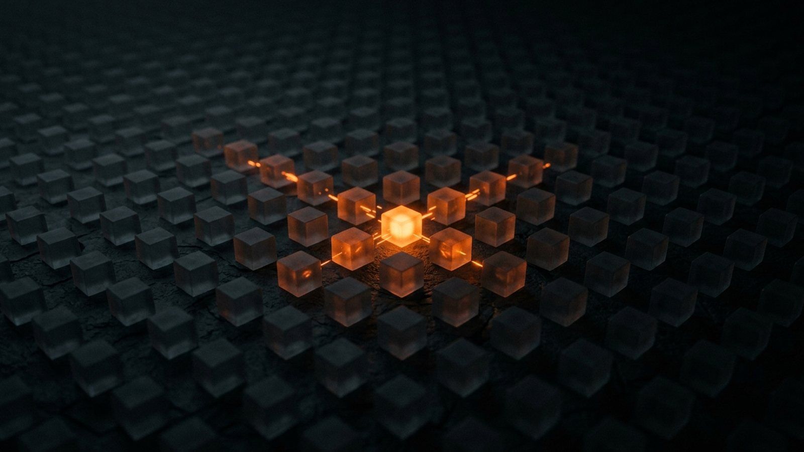 A dark grid of frosted glass cubes on black stone, with one cube glowing orange near the center and pulses of orange light passing to a handful of neighboring cubes.