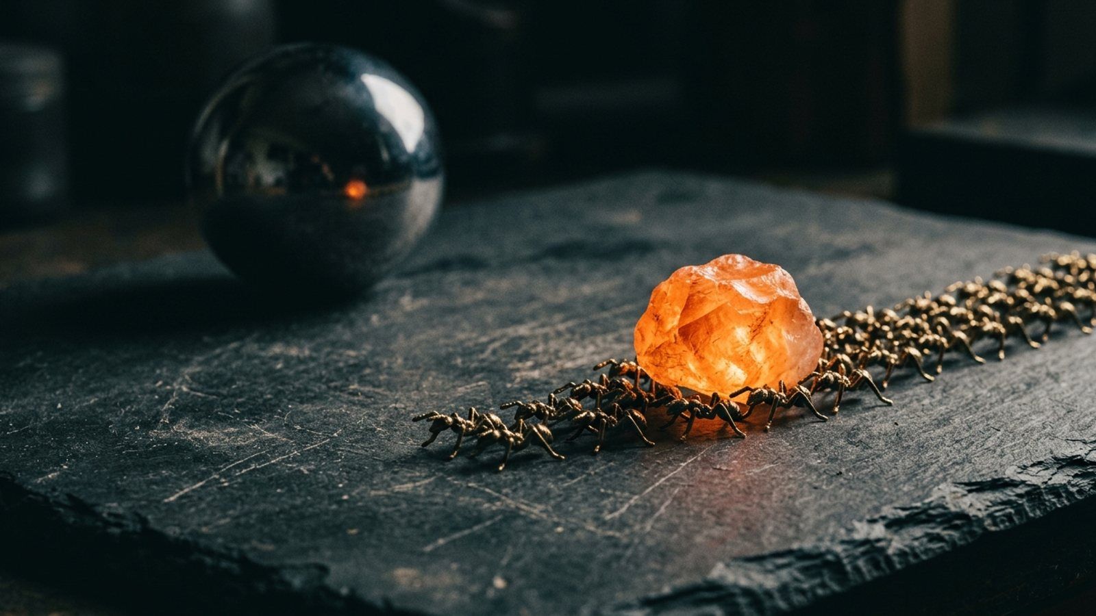 A column of small brass ants carries a glowing orange crystal across a dark slate workbench, while a single large chrome sphere sits idle in the shadows behind them.
