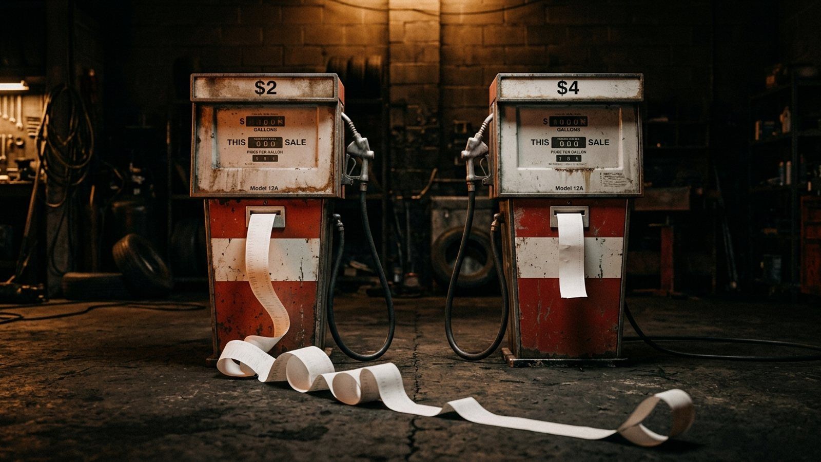 Two identical vintage gas pumps in a dark garage, the left priced at $2 with a long paper receipt coiling across the floor and the right priced at $4 with only a short receipt.