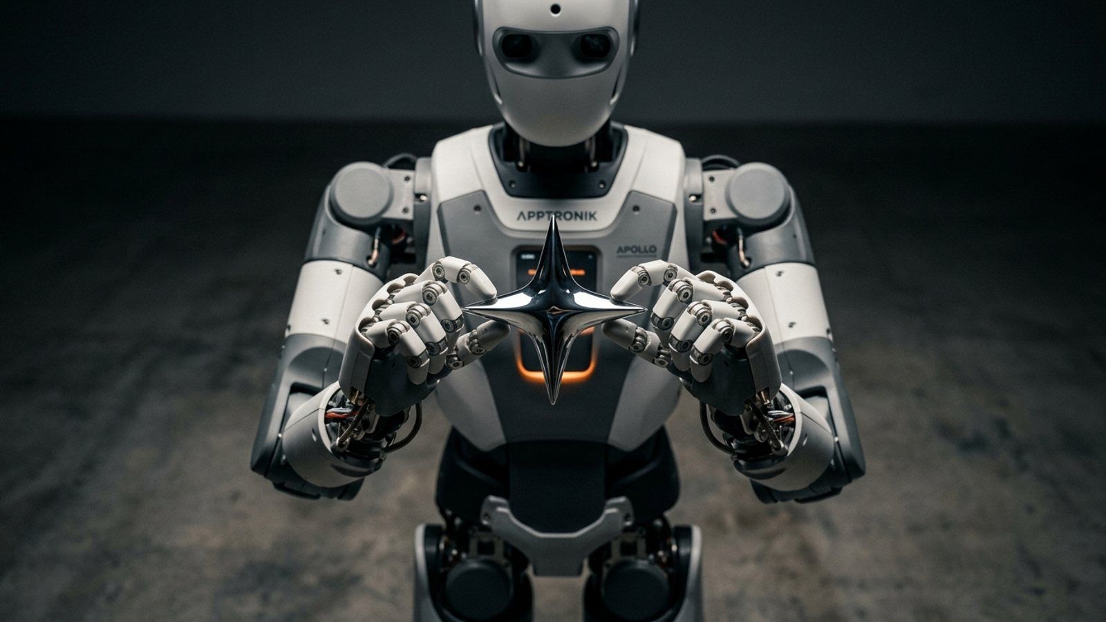 The Apptronik Apollo 2 humanoid robot holding a chrome Google Gemini logo, symbolizing the intersection of physical hardware and AI intelligence.